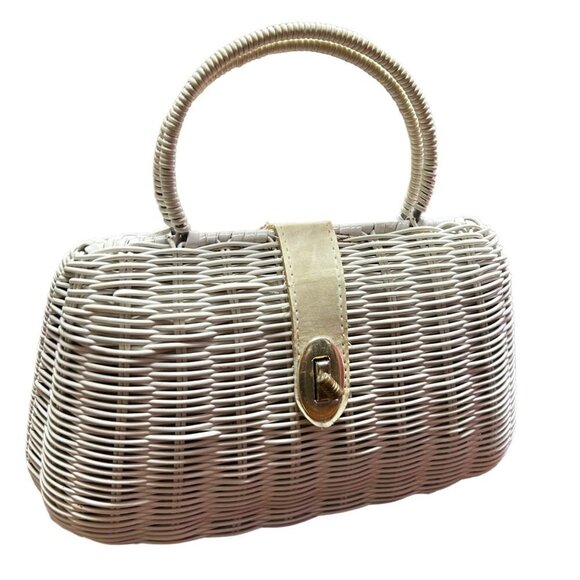 Miss Ellen Womens Vintage Basket Bag White Wicker Double Handle - Picture 11 of 12